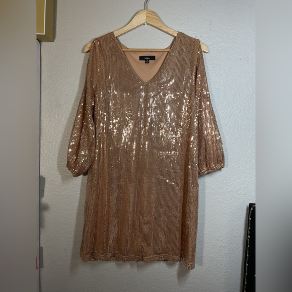 Lulu's Rose Gold Sequin V-Neck Swing Mini Dress - Picture 2 of 5